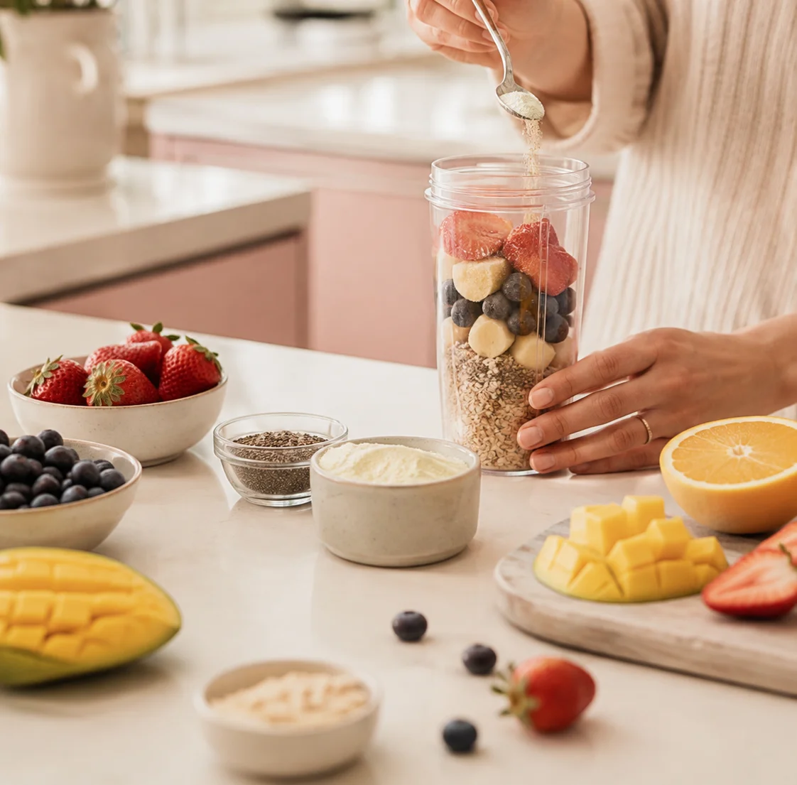 Healthy smoothie preparation with fresh fruits and oats