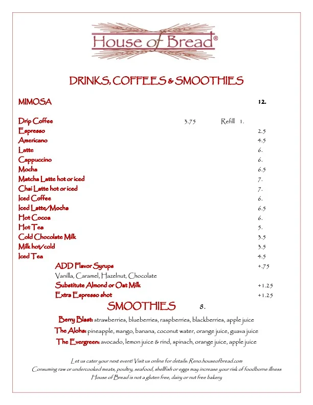 Menu of drinks and smoothies at House of Bread restaurant