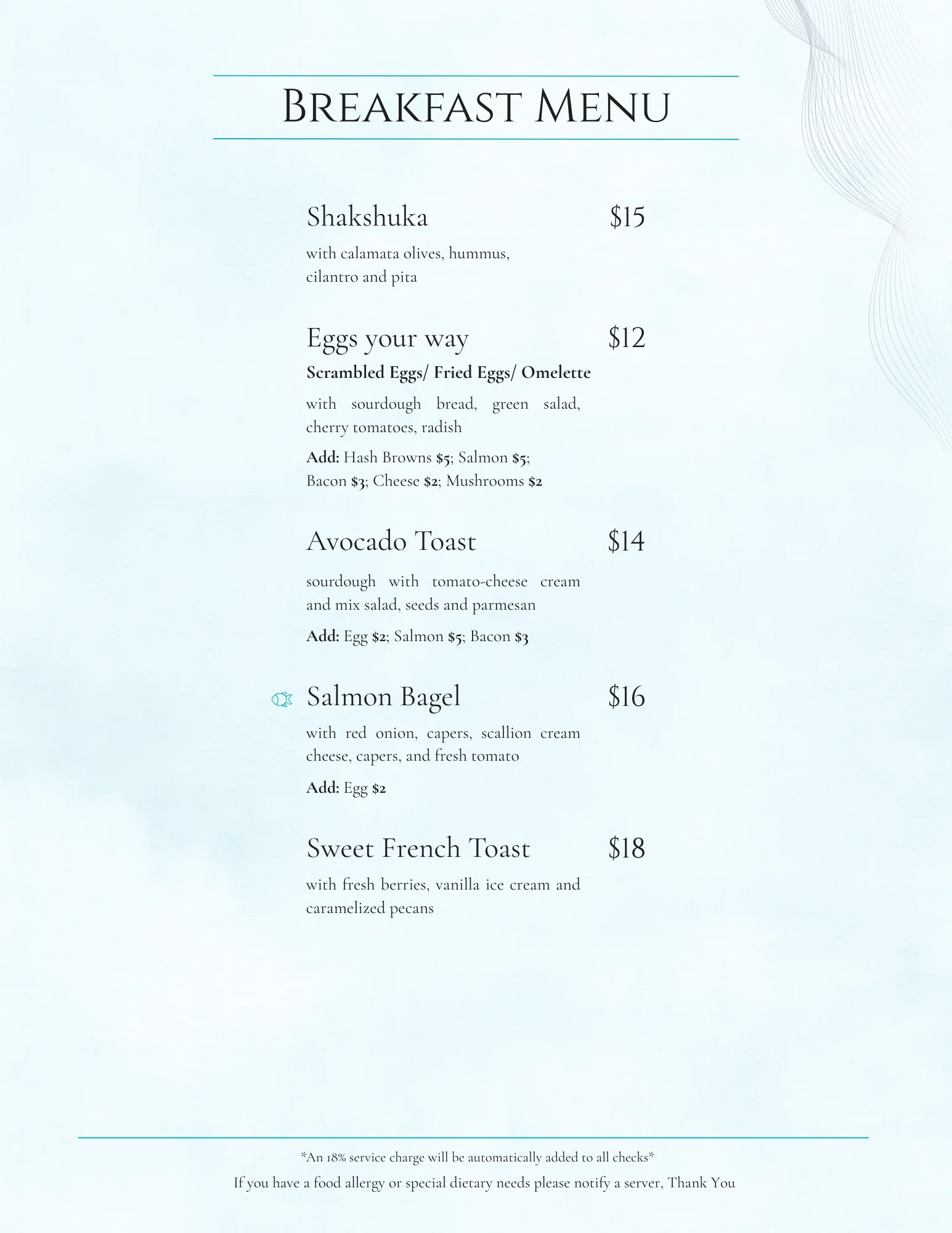 Breakfast menu featuring Mediterranean shakshuka and classic eggs dishes