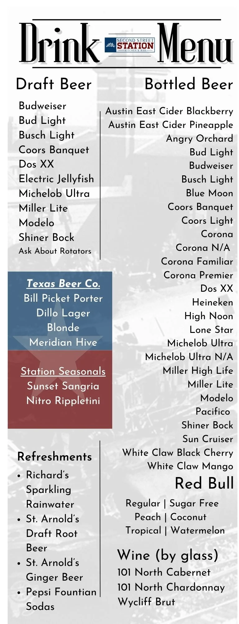 Drink menu featuring a variety of beers and refreshments