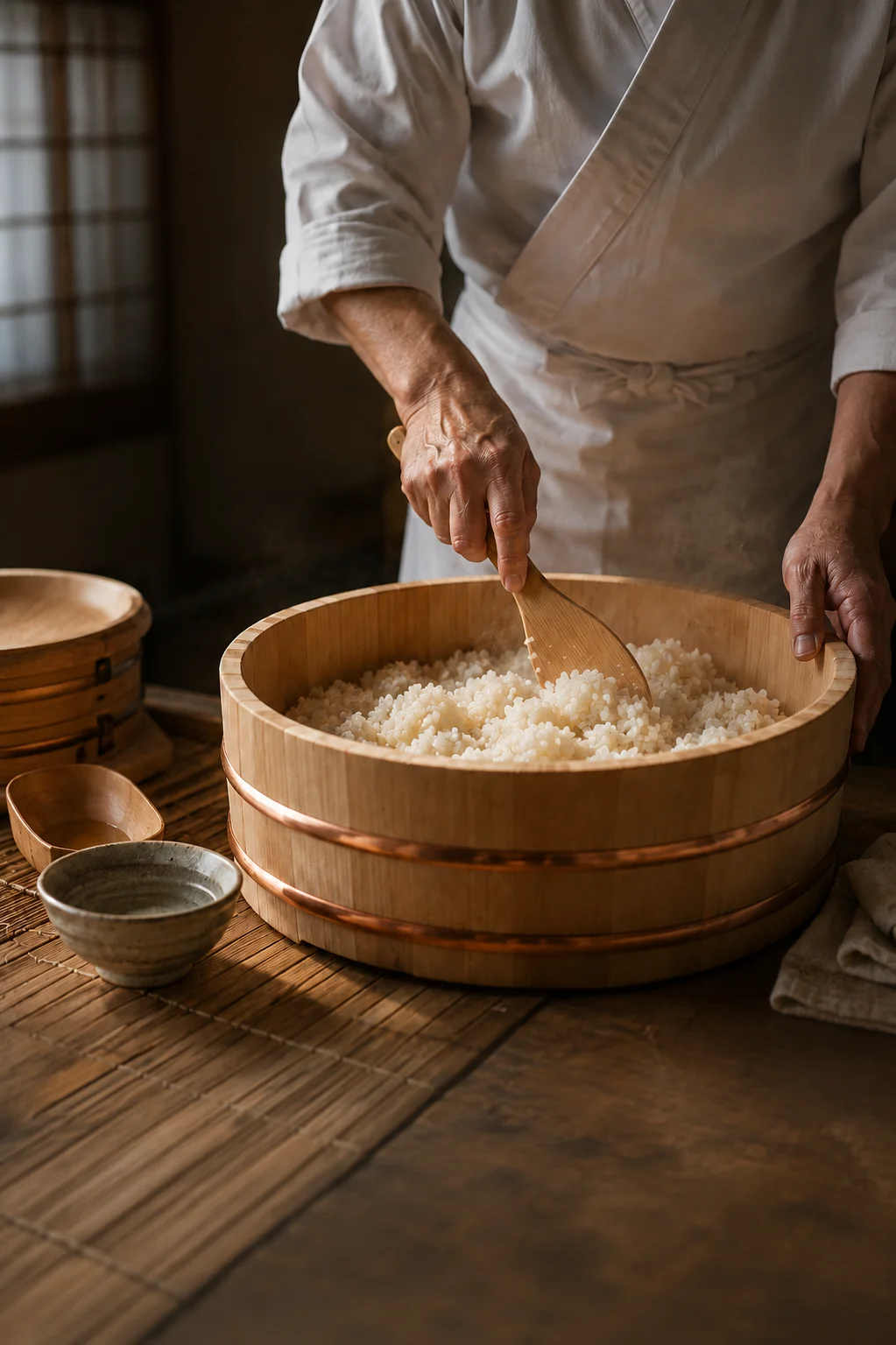 Chef preparing rice in a wooden bowl with a bamboo spoon.