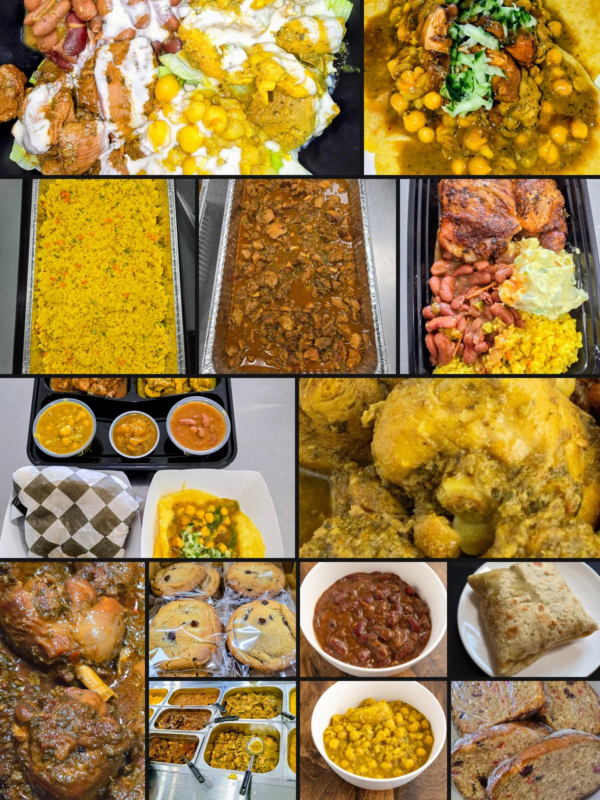 A platter of Caribbean dishes including meat, fried dough, and sides.