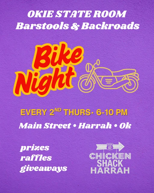 Promotional poster for Bike Night event at Chicken Shack Harrah