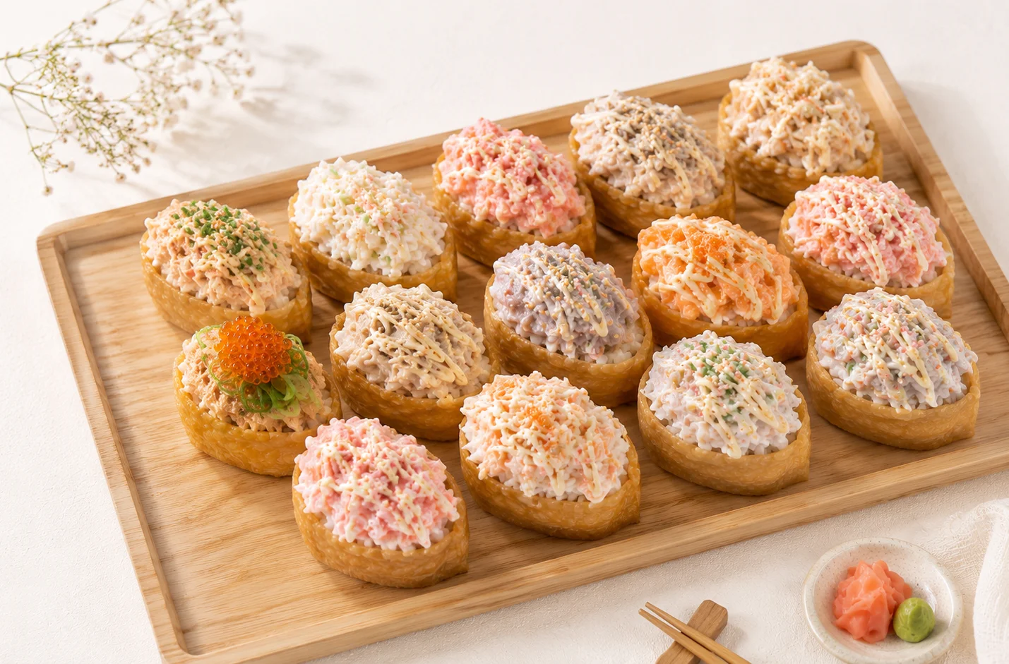 Colorful sushi inari with various toppings on a wooden platter.