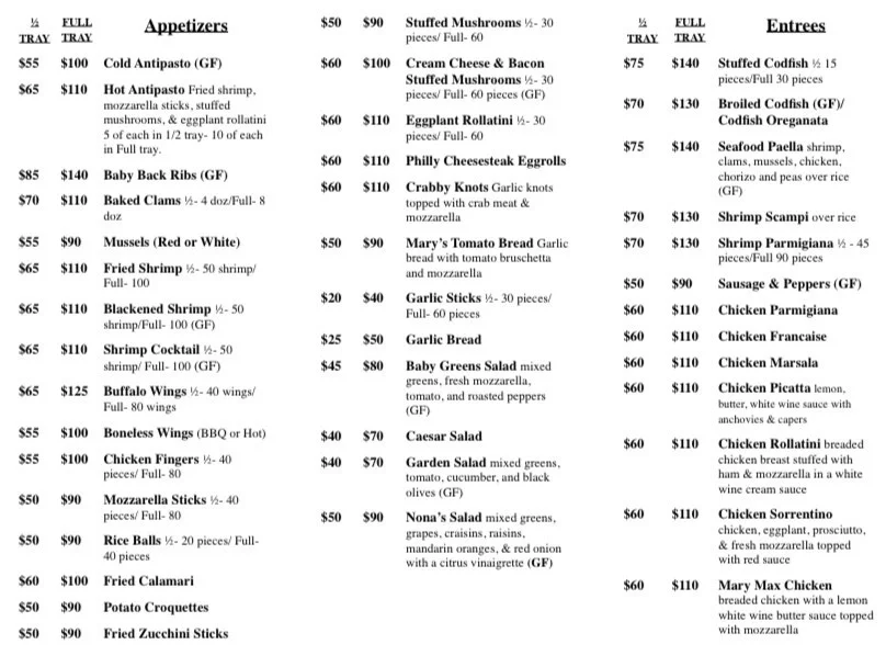Italian appetizer menu featuring various dishes and prices