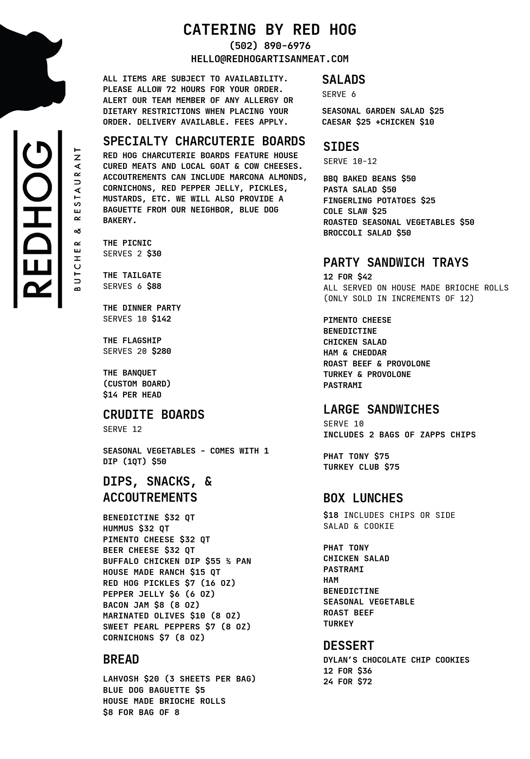 Catering menu from Red Hog featuring various food options.