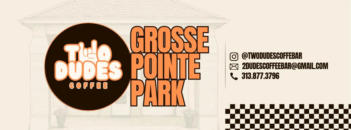 Logo and contact information for Two Dudes Coffee in Grosse Pointe Park