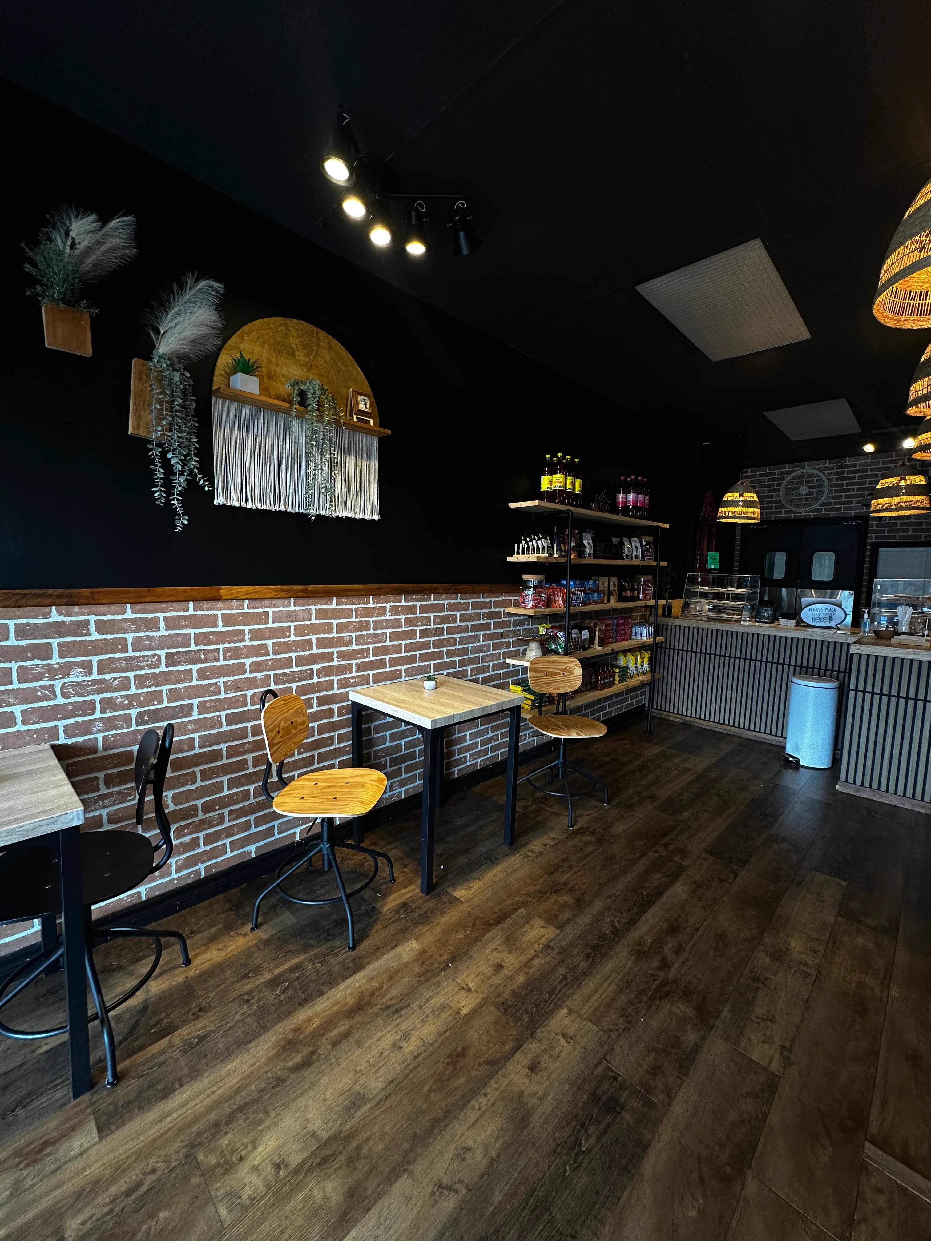 Stylish restaurant interior with exposed brick and warm lighting