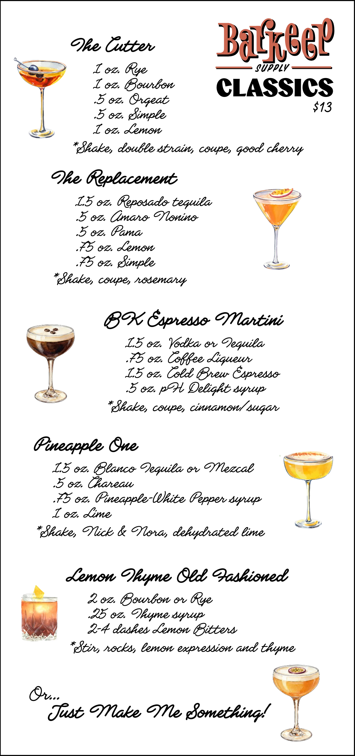 Cocktail menu featuring various drinks in a stylish bar setting