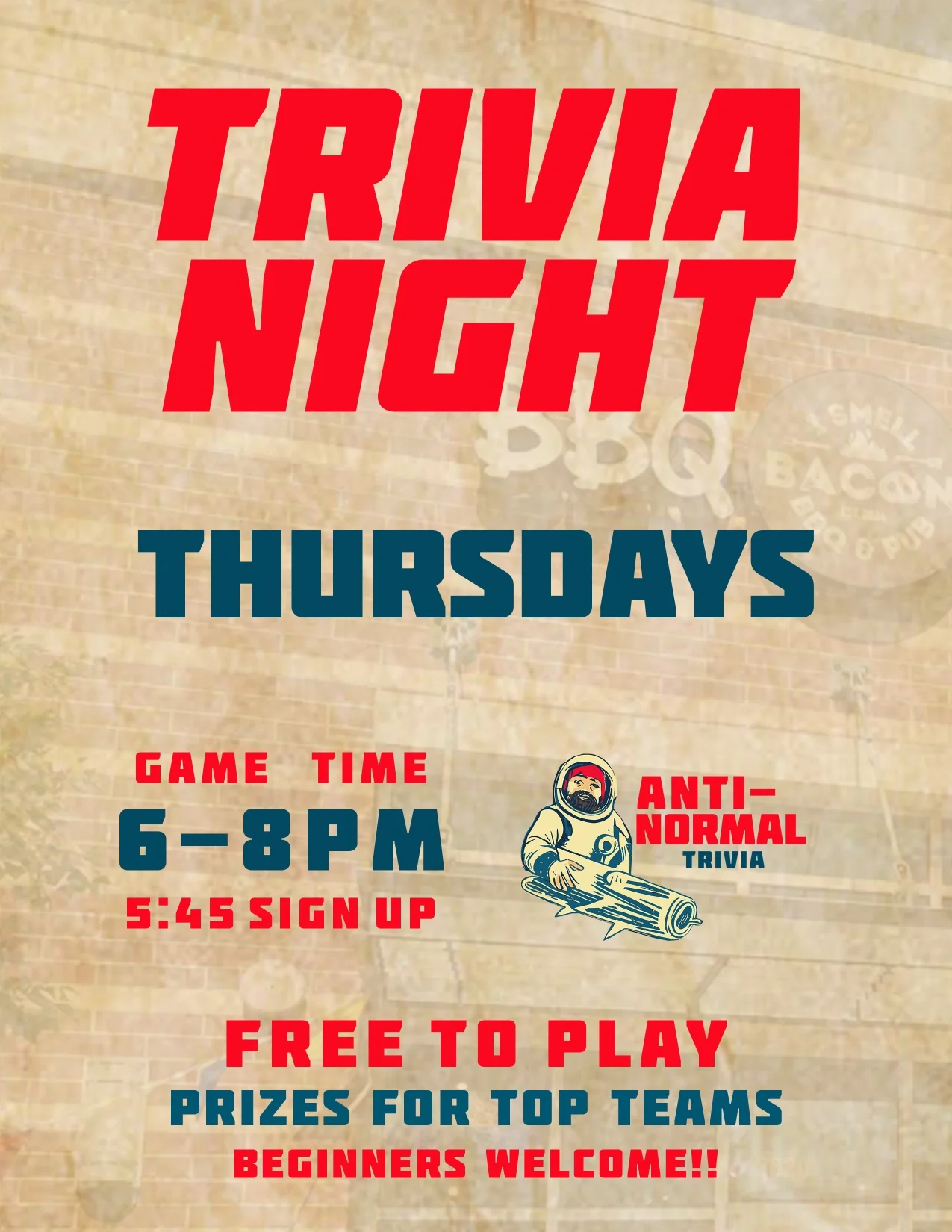 Trivia night event poster with details and astronaut graphic