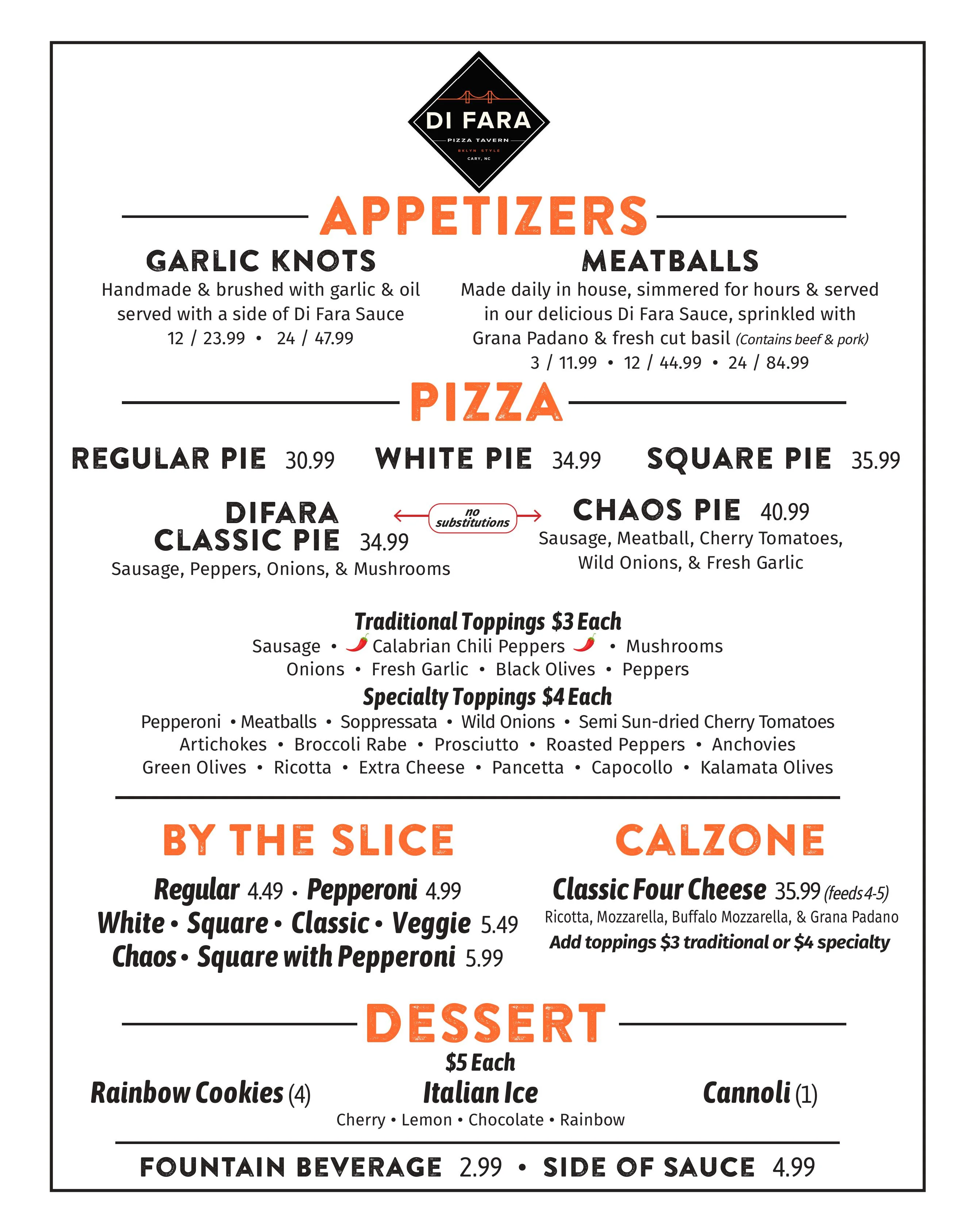 Menu of Di Fara Pizza Tavern featuring various pizza options.