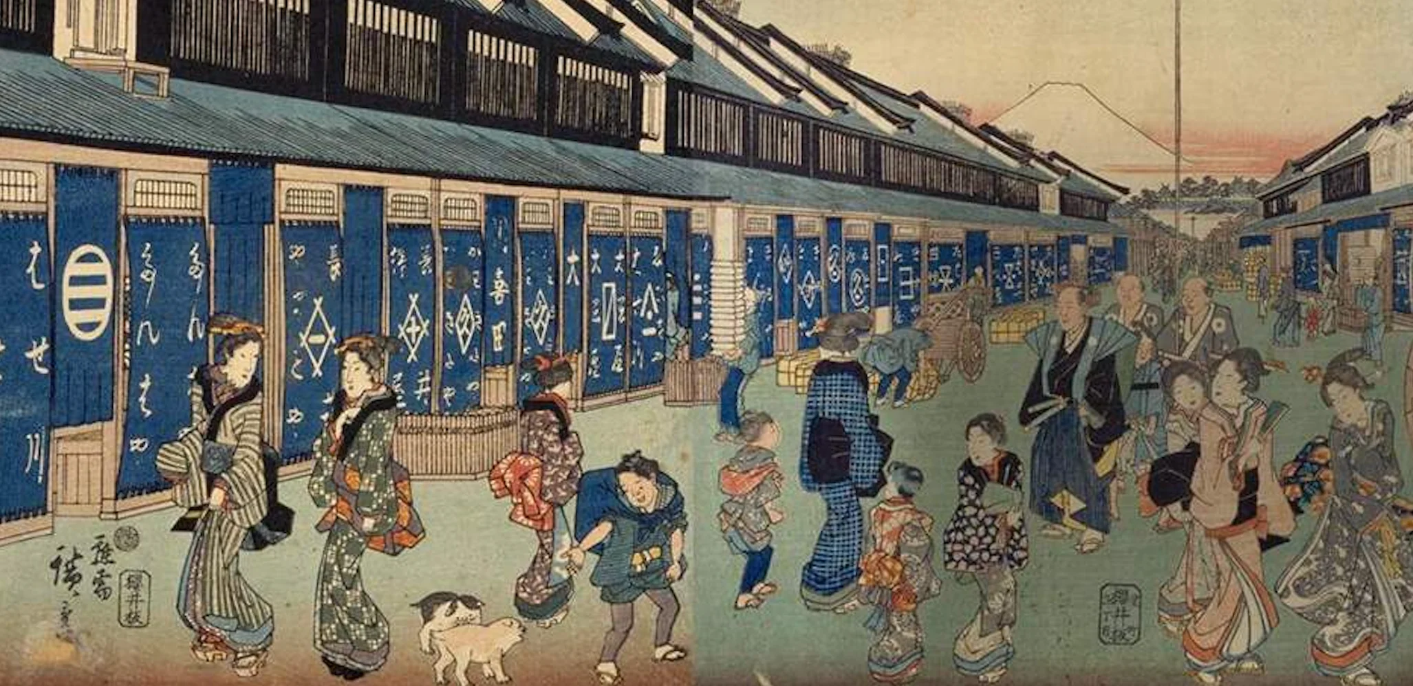 Traditional Japanese street scene with people in kimono