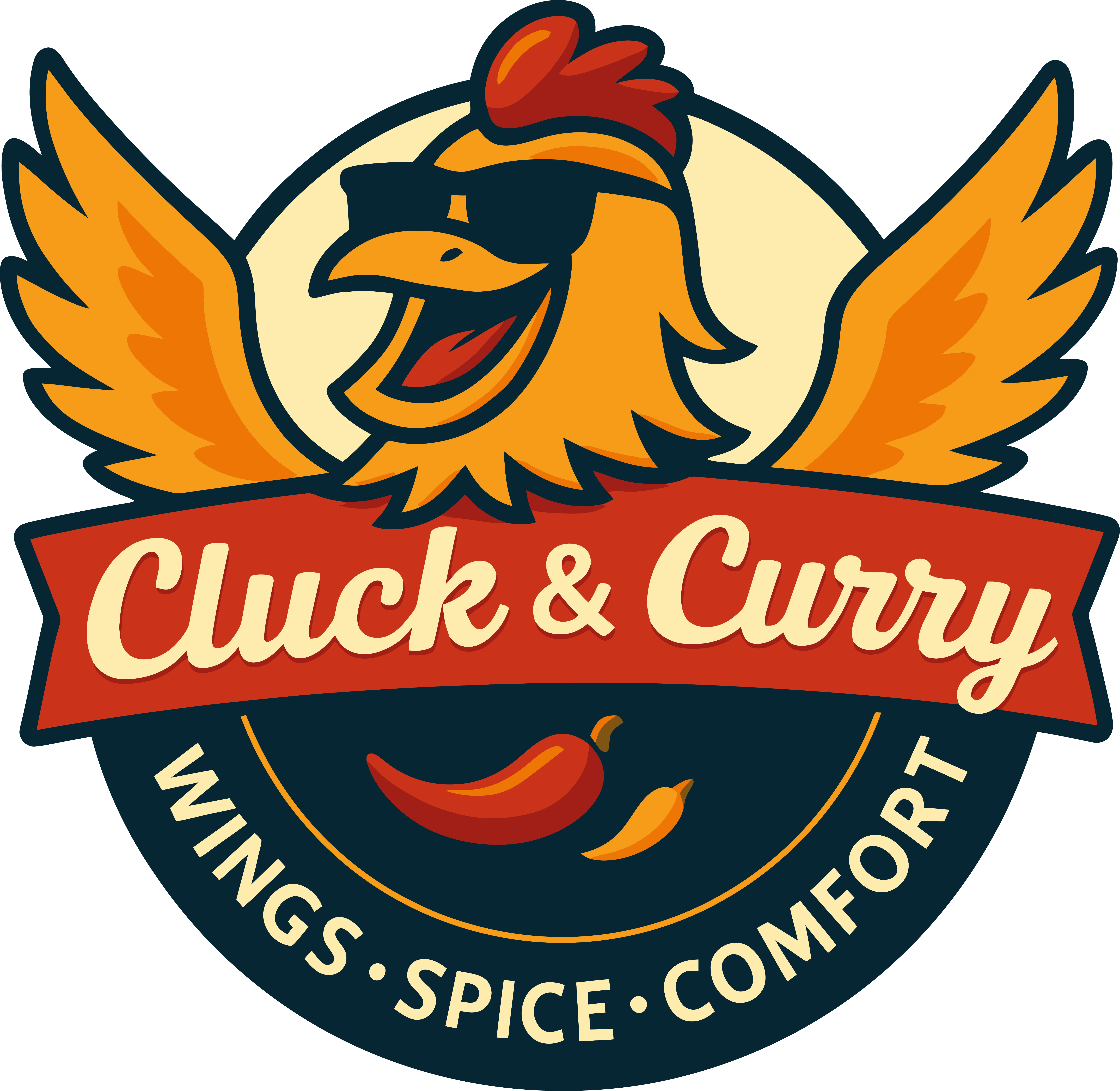A colorful logo featuring a chicken with wings and sunglasses, promoting a food establishment called 'Cluck & Curry'. The design incorporates elements like chili peppers and emphasizes themes of spice and comfort food.
