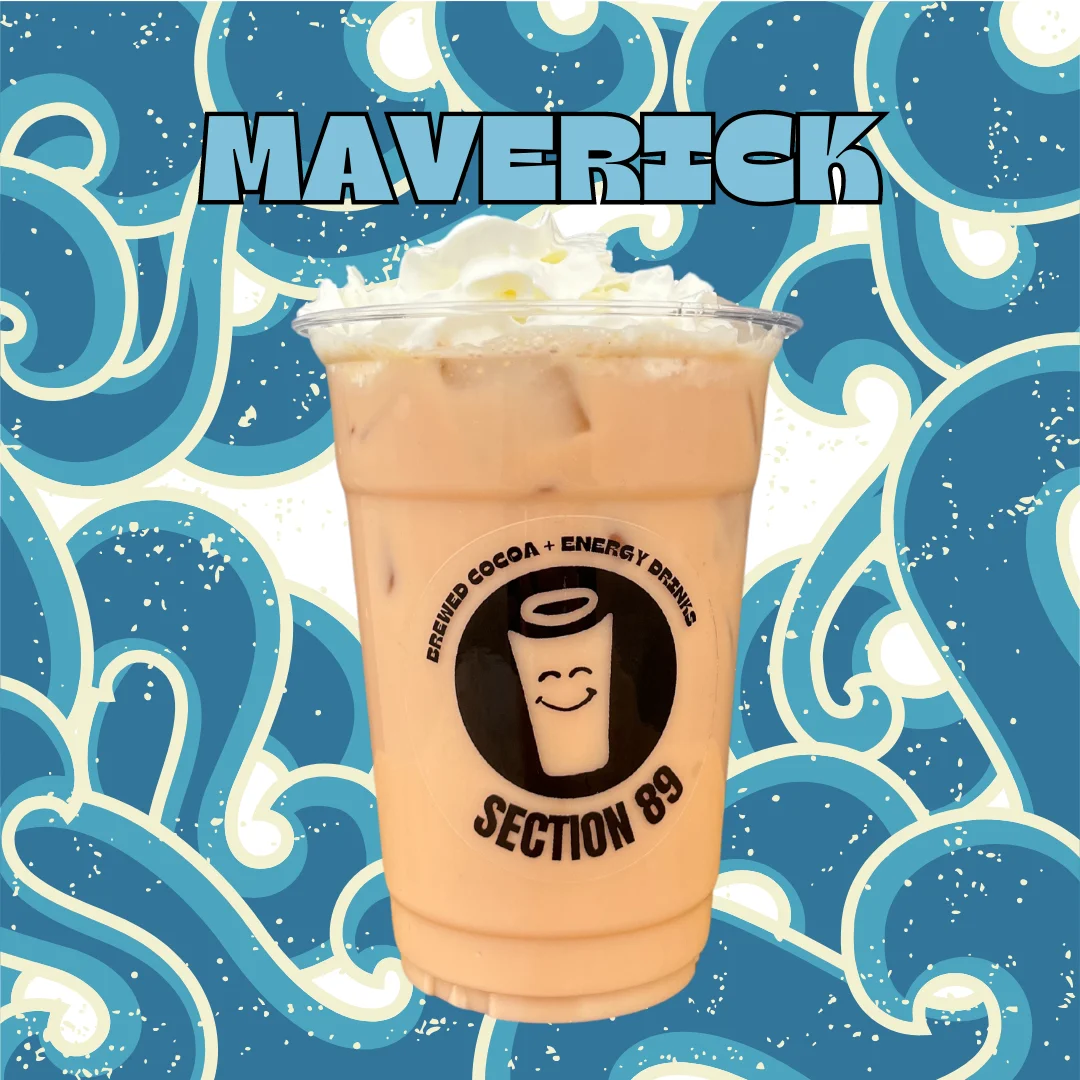 Iced coffee drink topped with whipped cream from Section 89