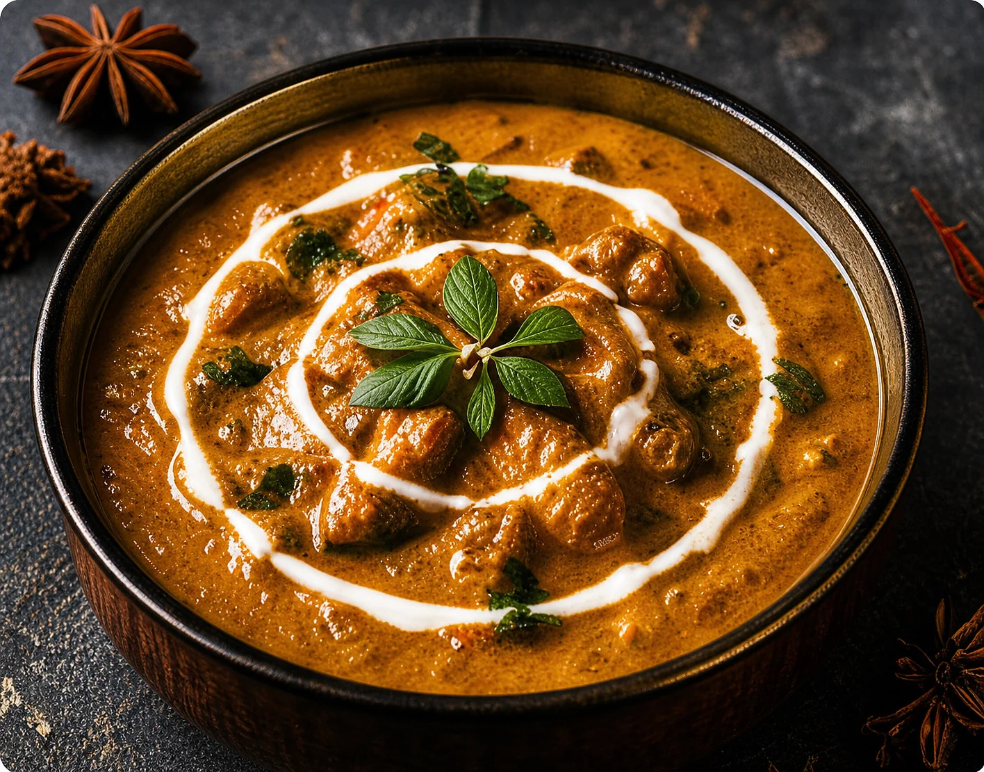 Rich Indian butter chicken curry in a bowl