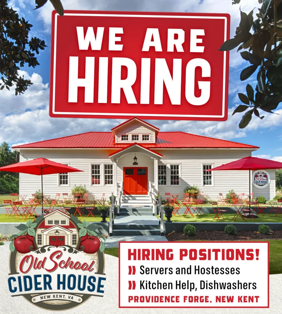 We are hiring sign with a welcoming design for a restaurant.