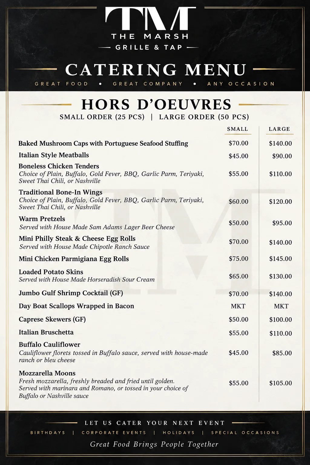 Catering menu featuring a variety of hors d'oeuvres for events