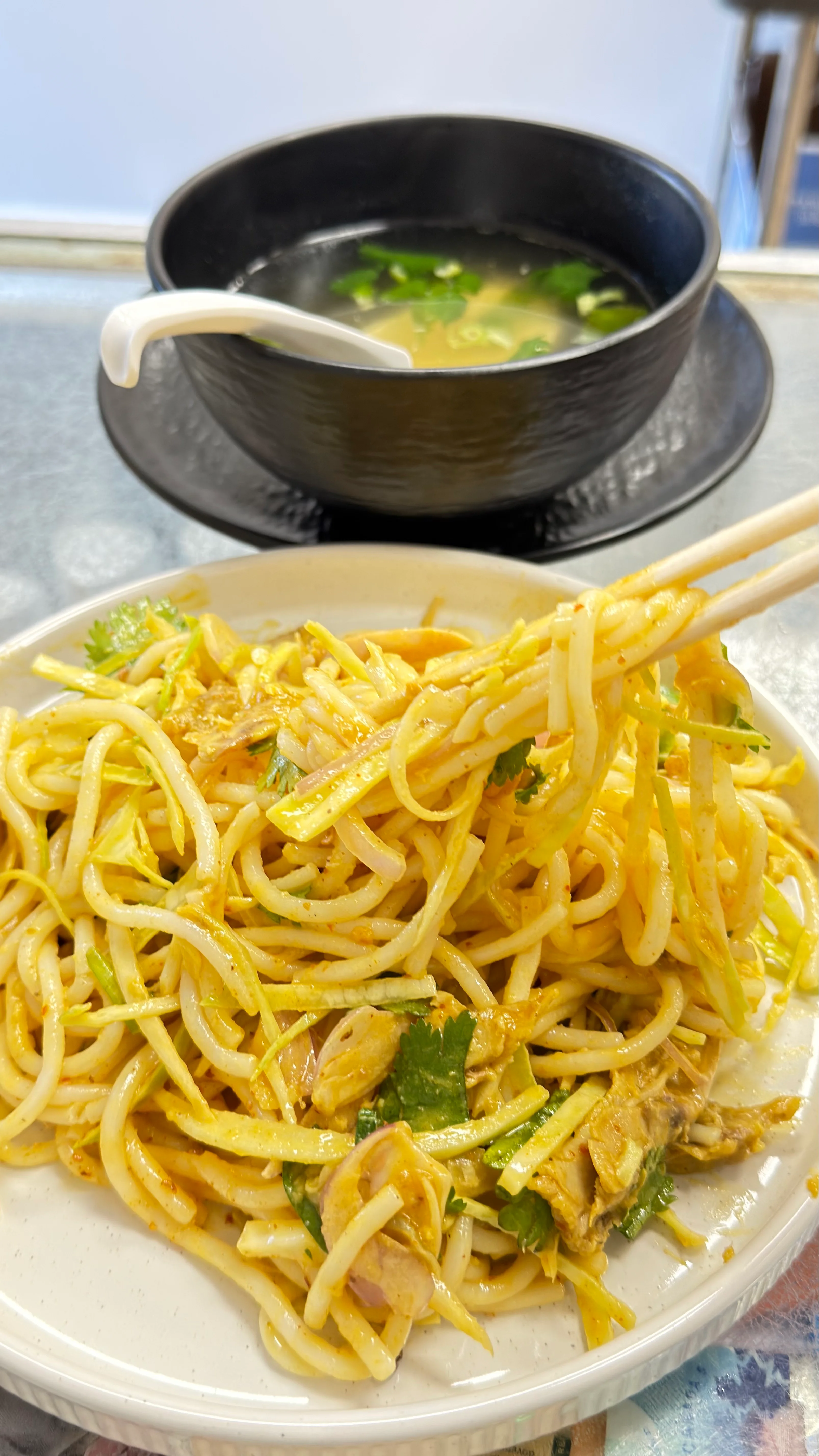 Plate of Chinese chicken lo mein with fresh herbs