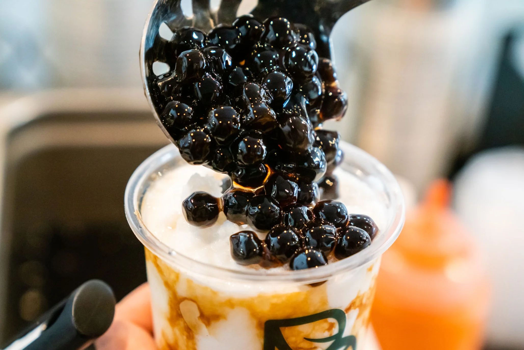 Delicious bubble tea topped with tapioca pearls
