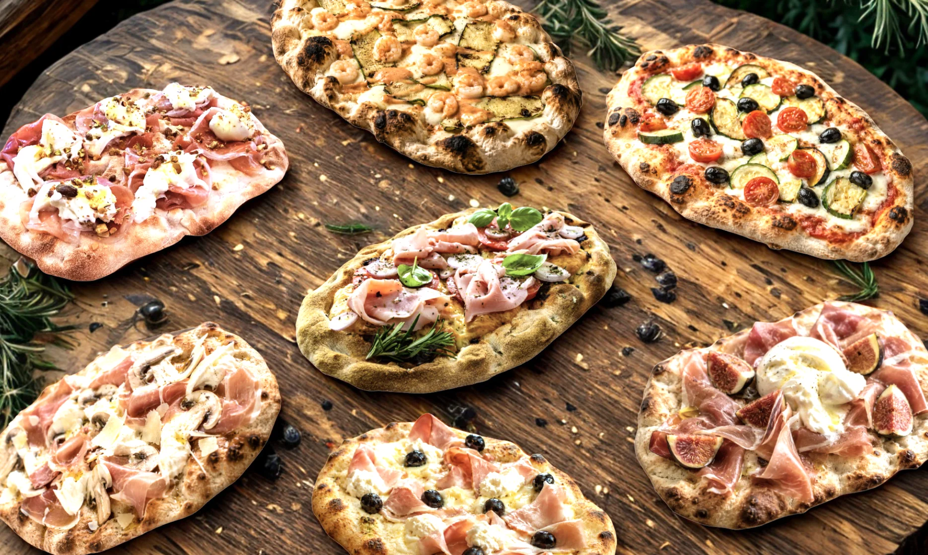 Assorted Italian flatbreads with various toppings