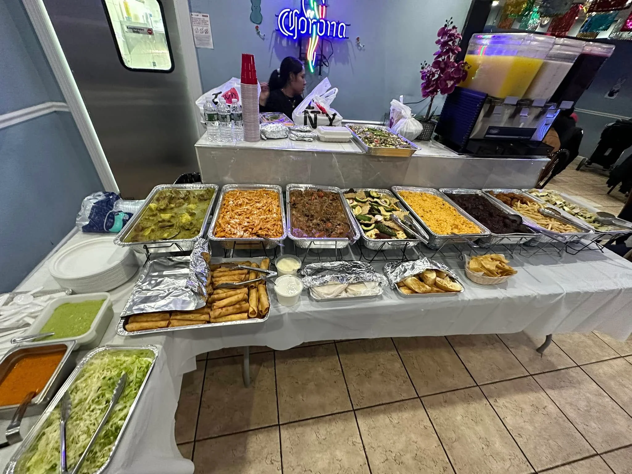 Colorful Mexican buffet with various traditional dishes