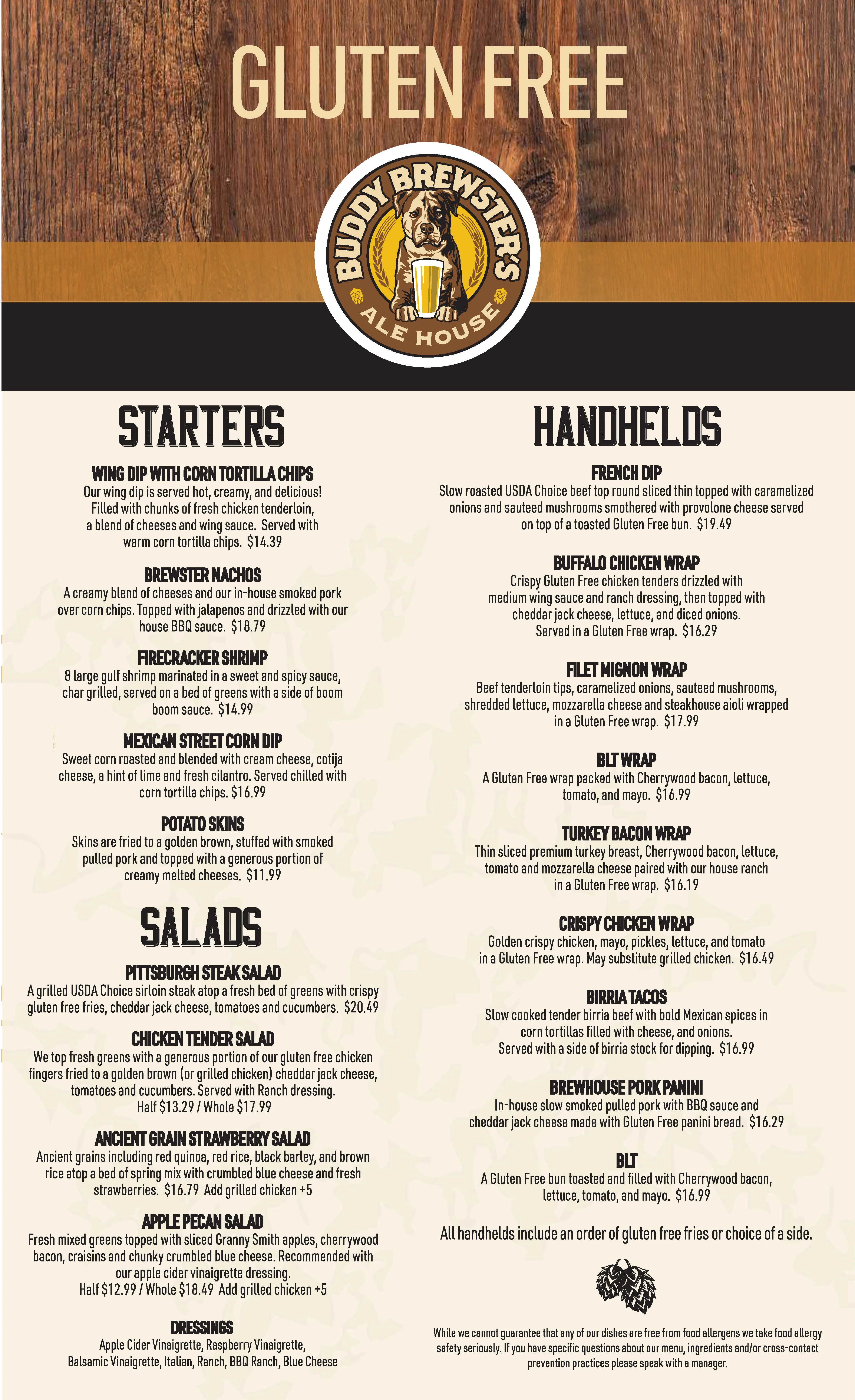 Gluten-free menu at Buddy Brewster's Ale House