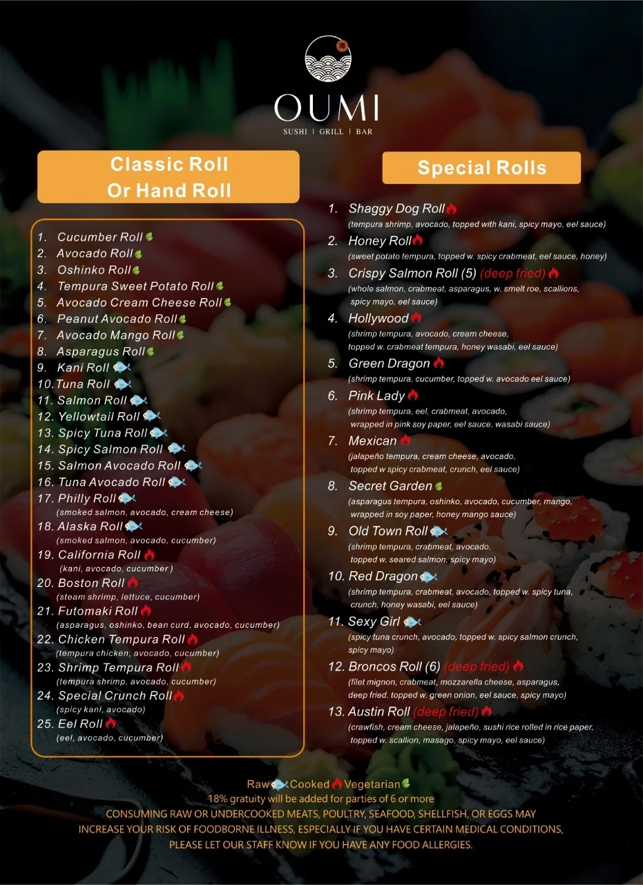 Variety of sushi rolls at a Japanese sushi restaurant