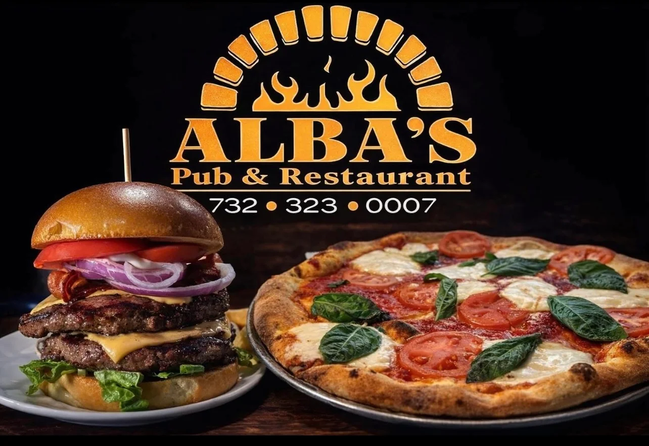Double cheeseburger and Margherita pizza at a pub restaurant