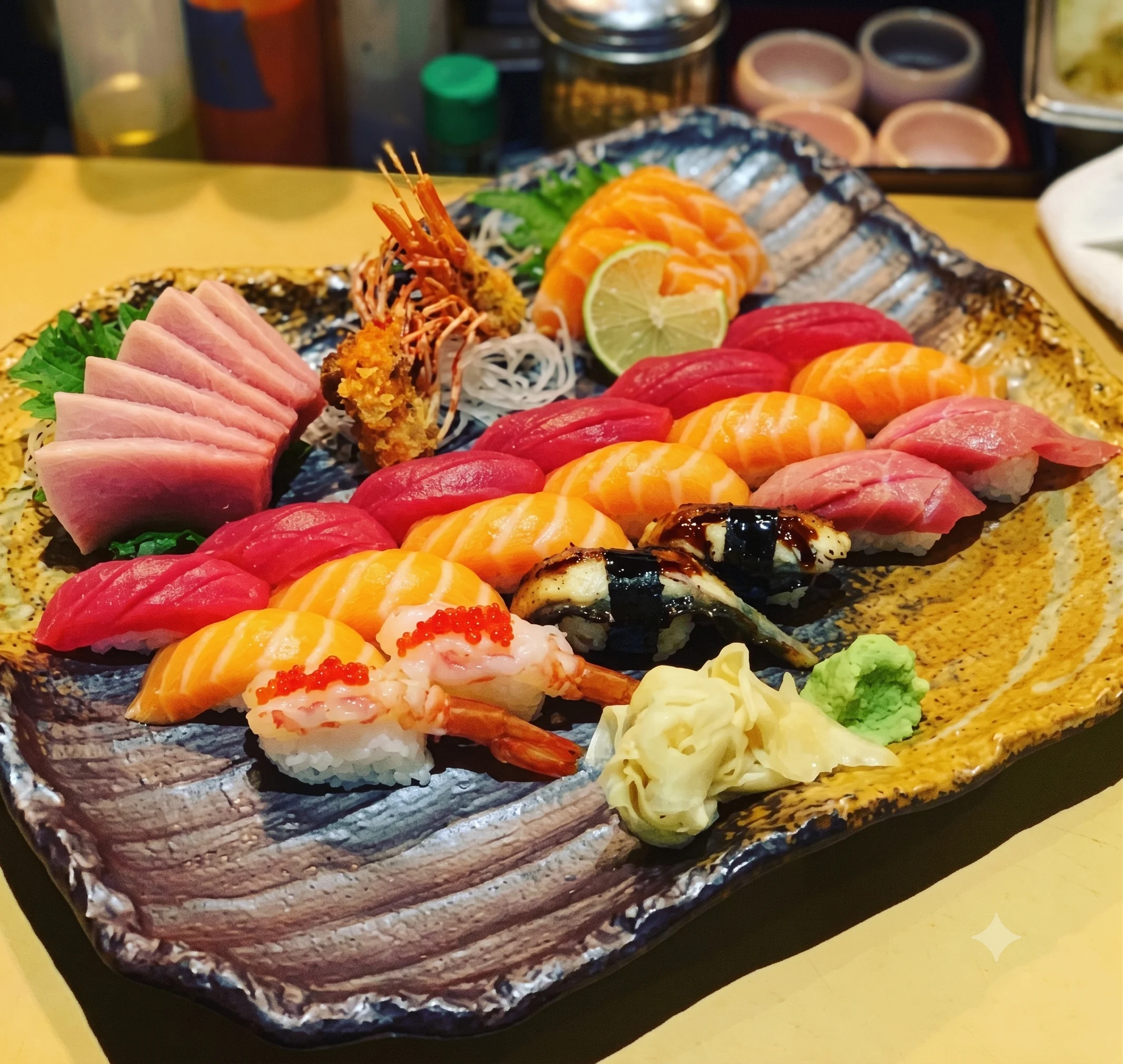 Assorted Japanese sushi platter with fresh sashimi and garnishes