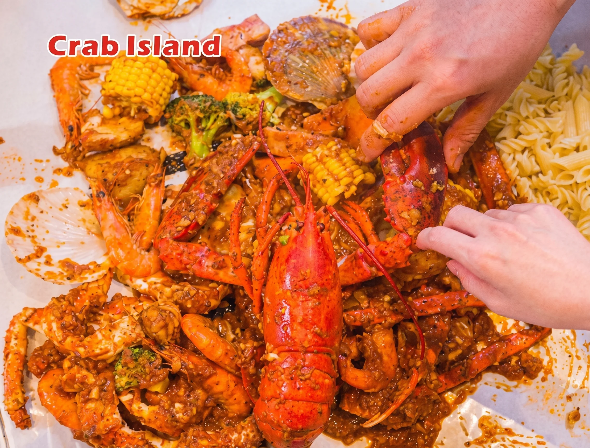 Seafood boil featuring crab, crawfish, and sausage