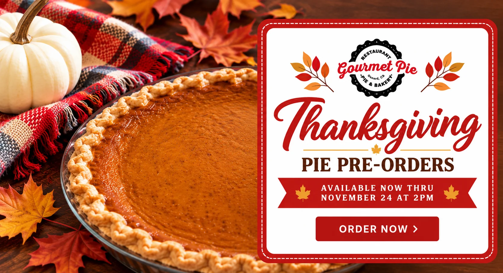 Thanksgiving pumpkin pie promotional graphic with autumn leaves