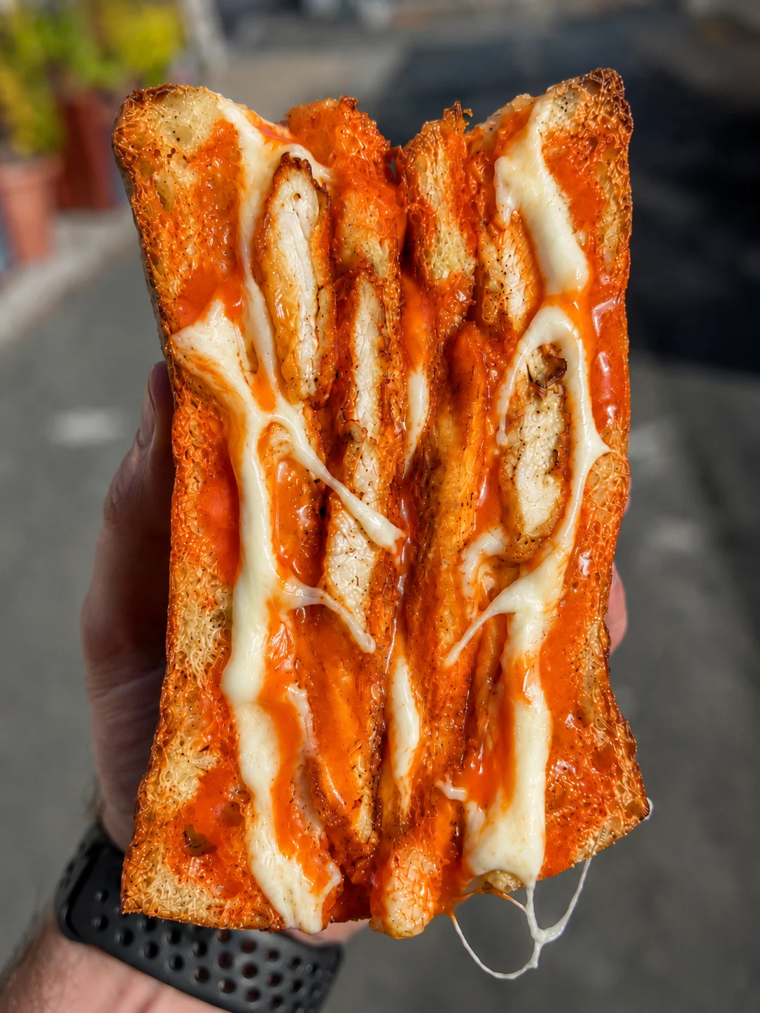 Cheesy chicken sandwich with spicy sauce