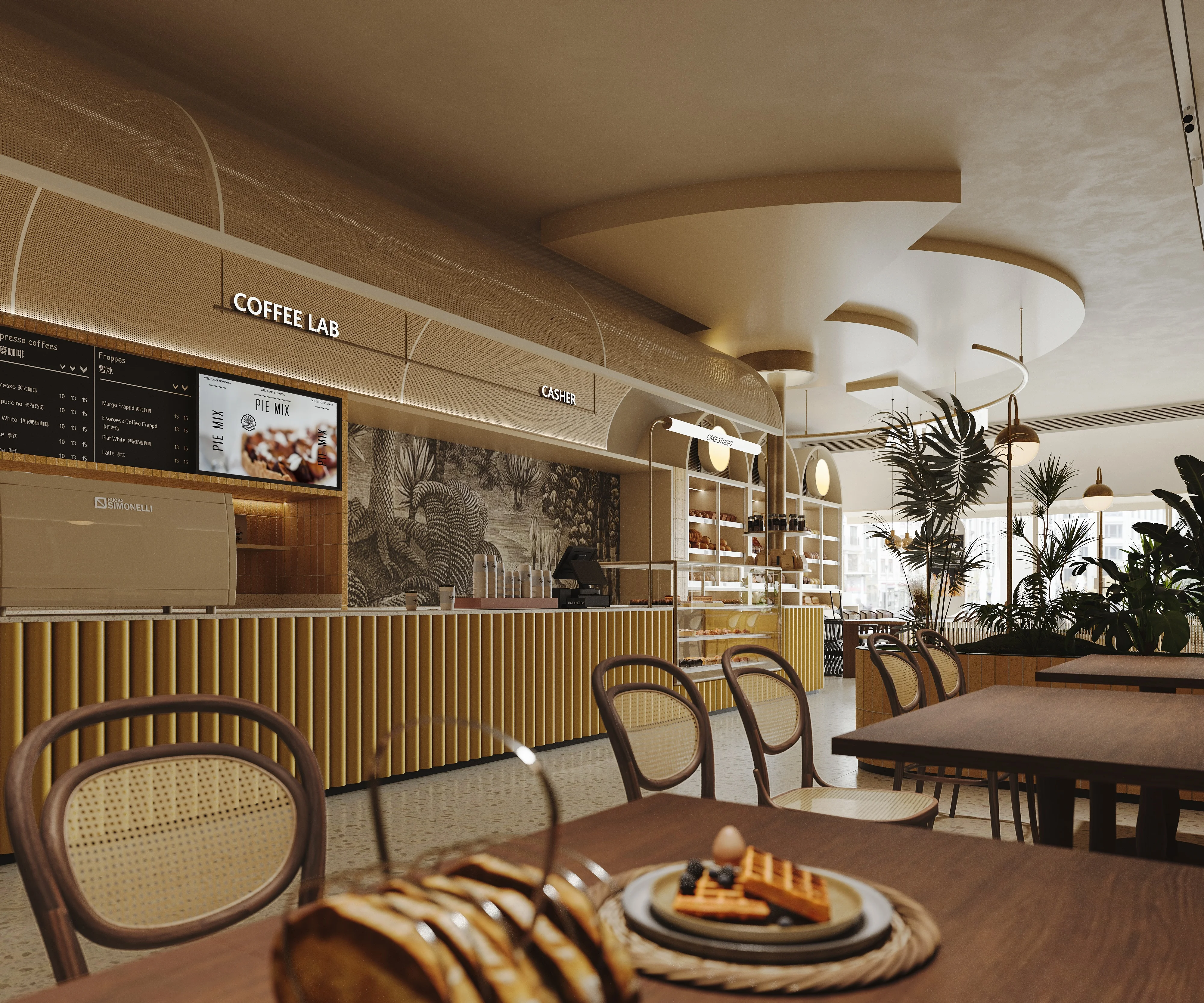 Modern café interior with coffee bar and plants