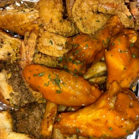Southern-style fried shrimp and chicken wings platter