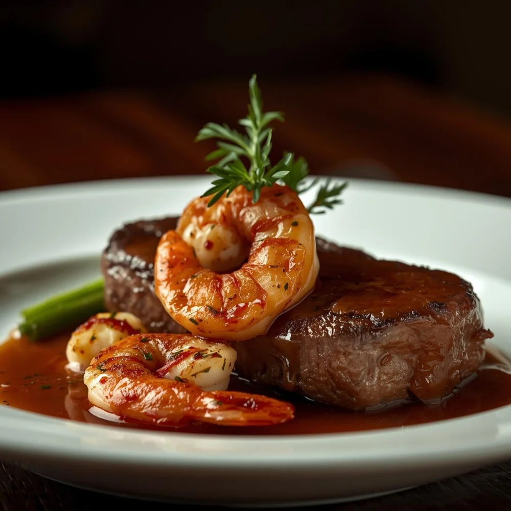 A delicious shrimp and steak dinner served on a plate.