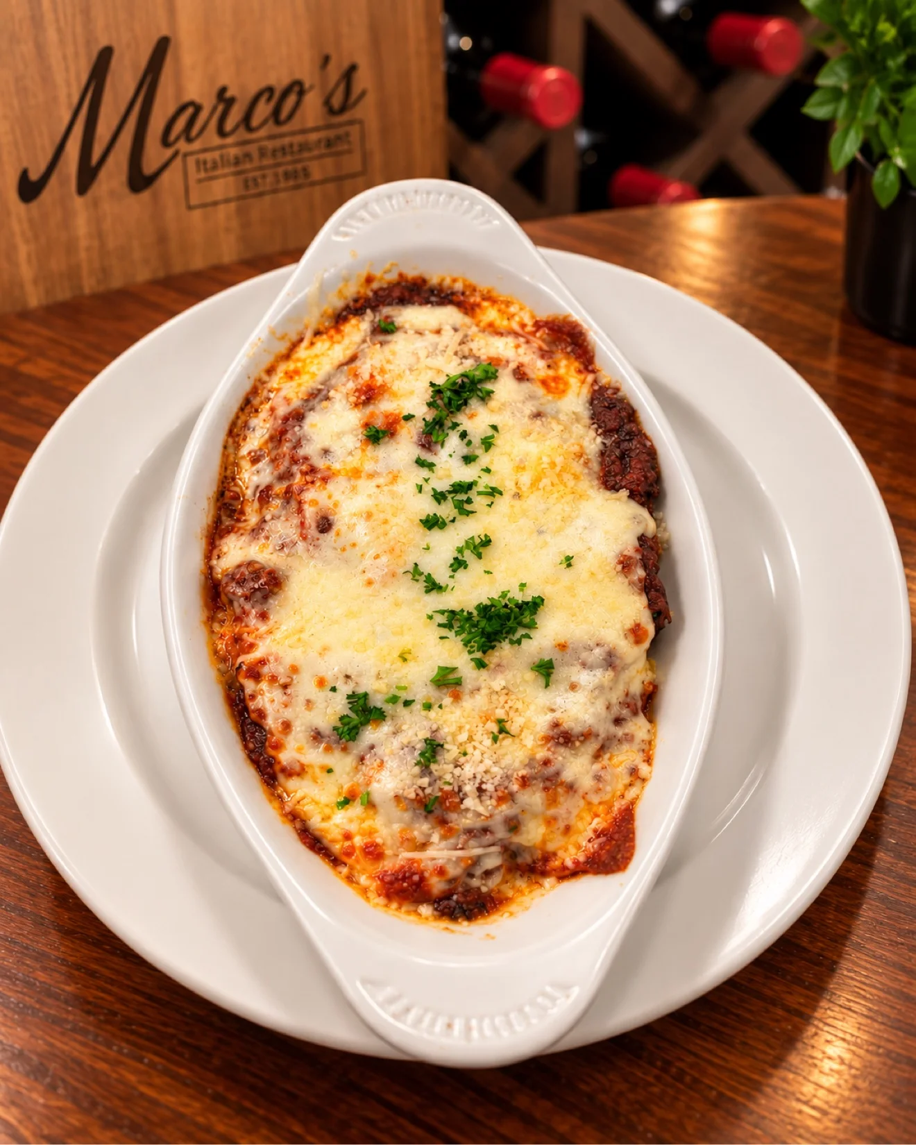 Baked pasta with melted cheese in oval dish at Marco's Italian Restaurant in Ashland VA