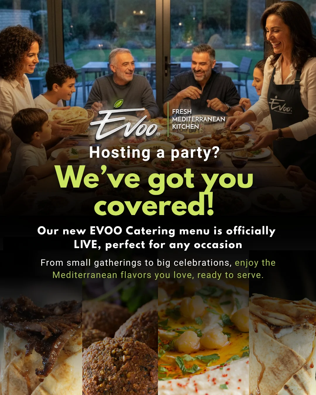 Family gathering enjoying Mediterranean dishes at a dining table