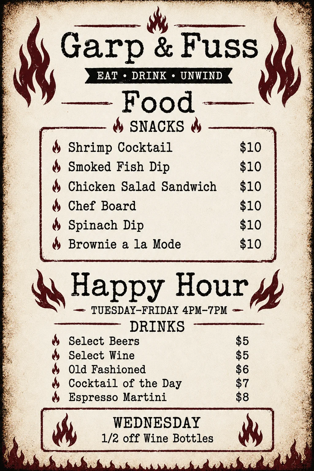 Menu board featuring snacks and happy hour drinks at a casual restaurant