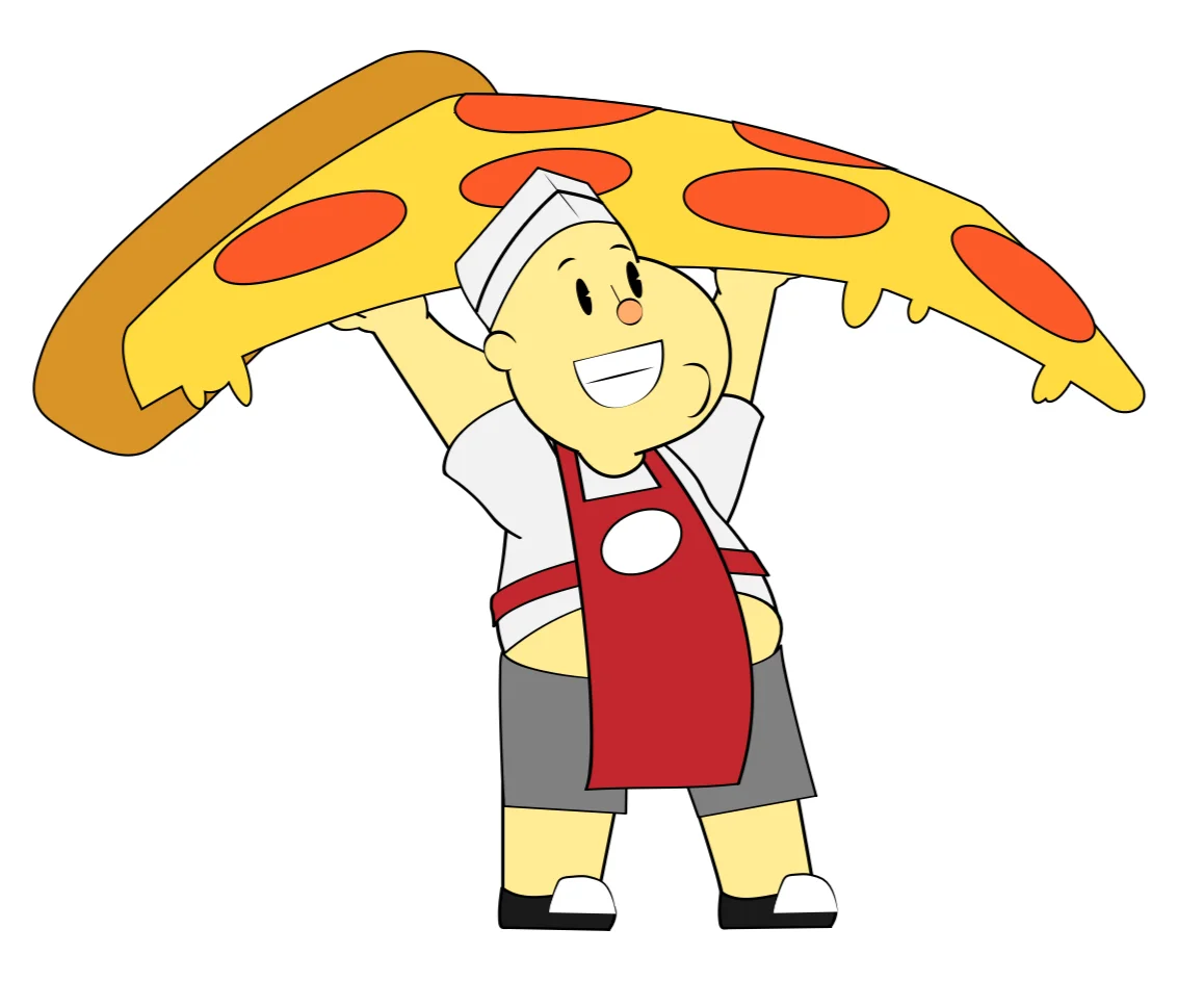 Cartoon chef joyfully holding a large slice of pepperoni pizza