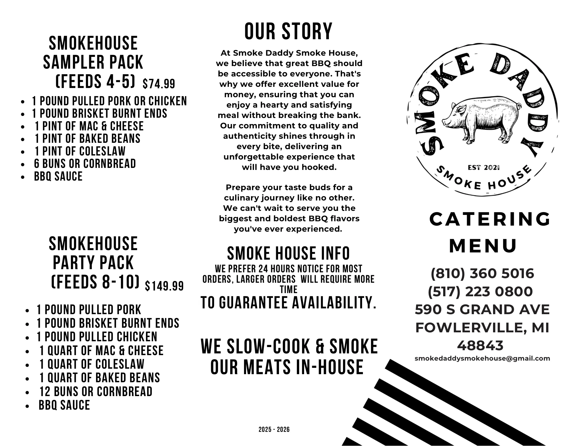 Catering menu for a BBQ smokehouse featuring sampler and party packs