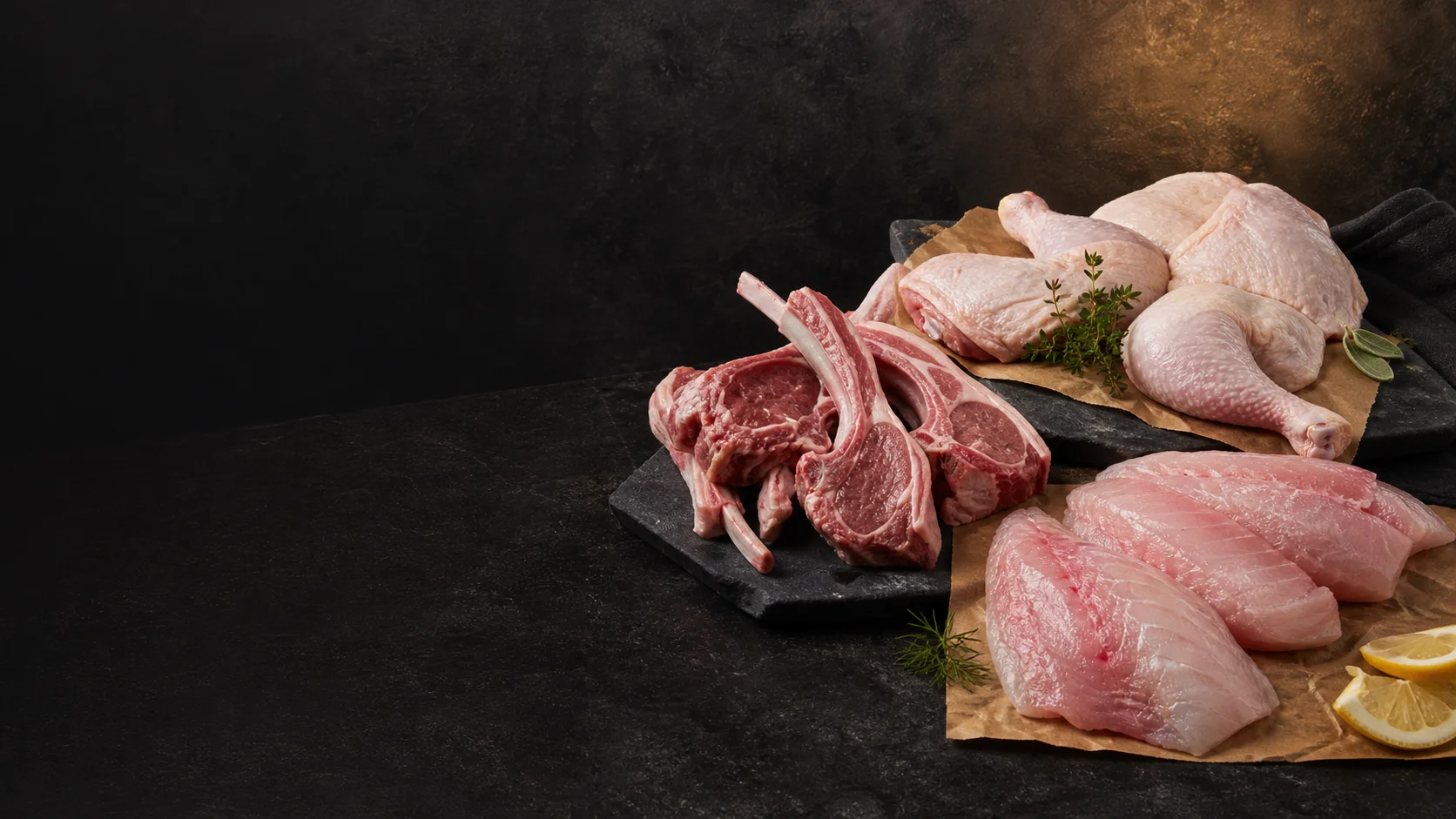 Assorted meats including chicken, lamb, and fish on dark stone surfaces