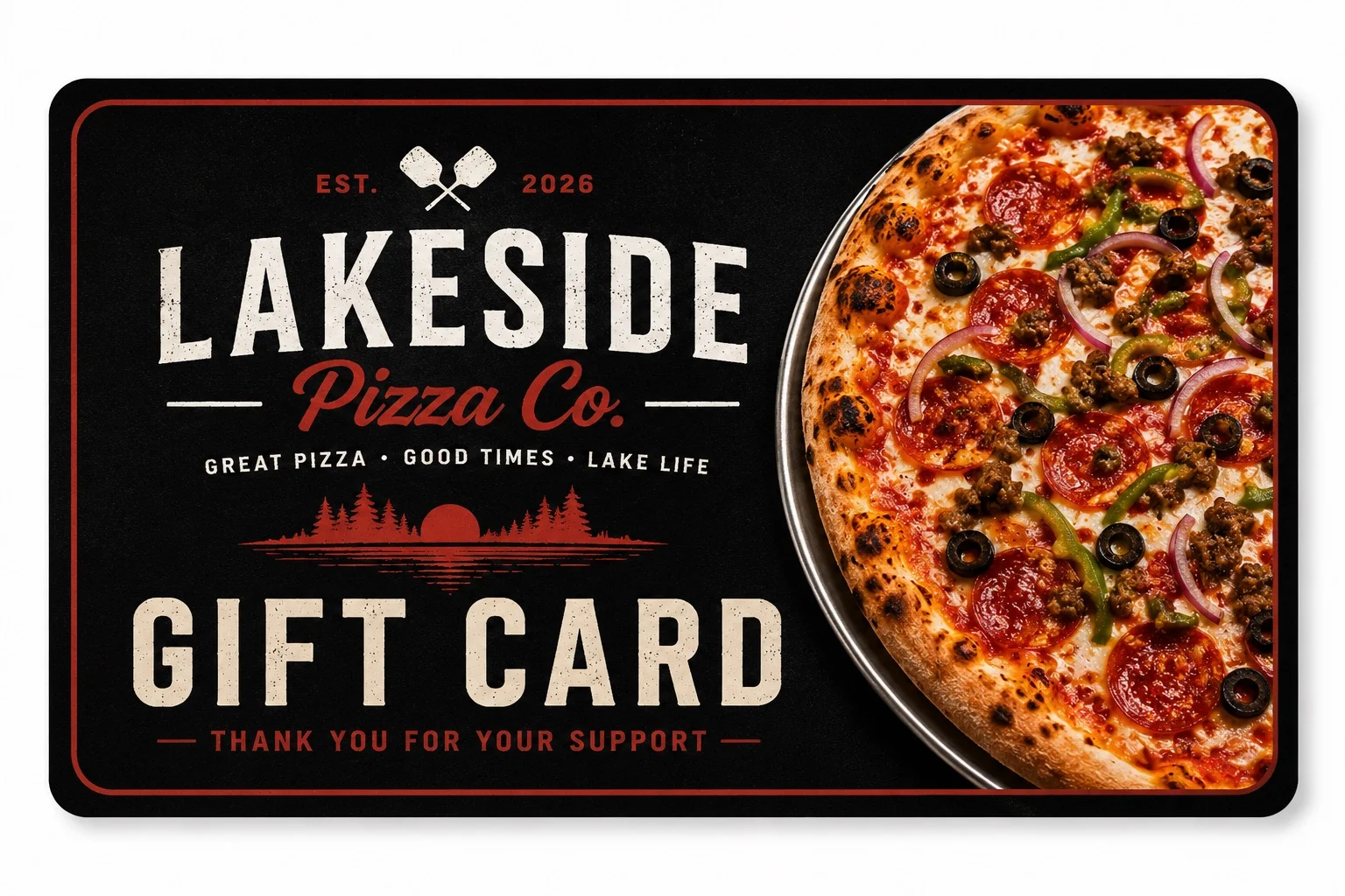 Lakeside pizza gift card featuring a pepperoni pizza