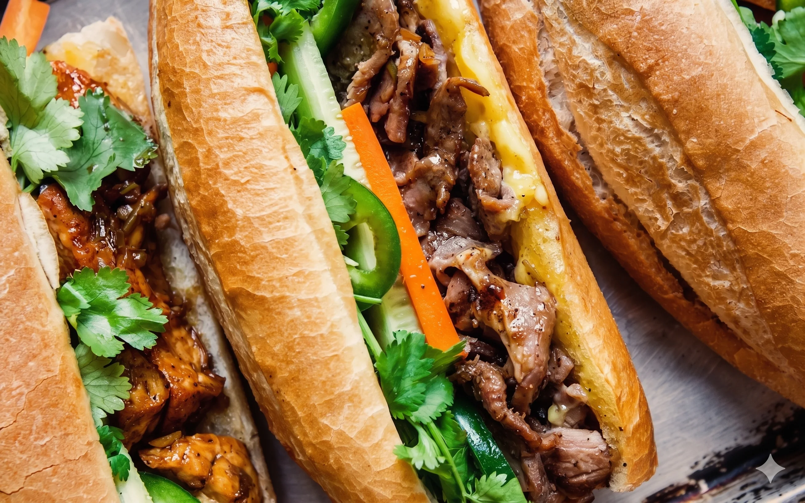 Vietnamese banh mi sandwiches with grilled meats and fresh herbs