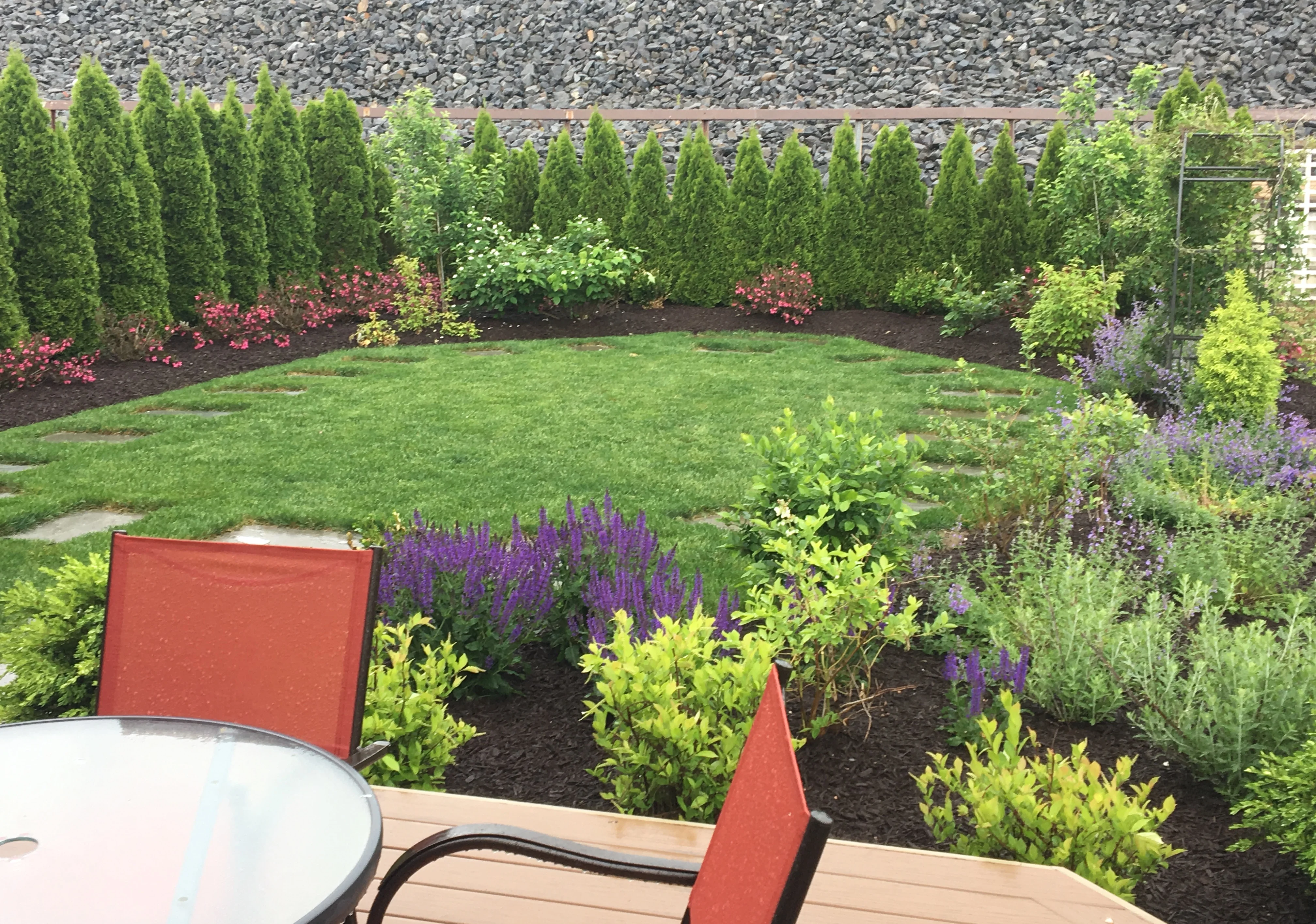 Lush garden landscape with vibrant flowers and greenery