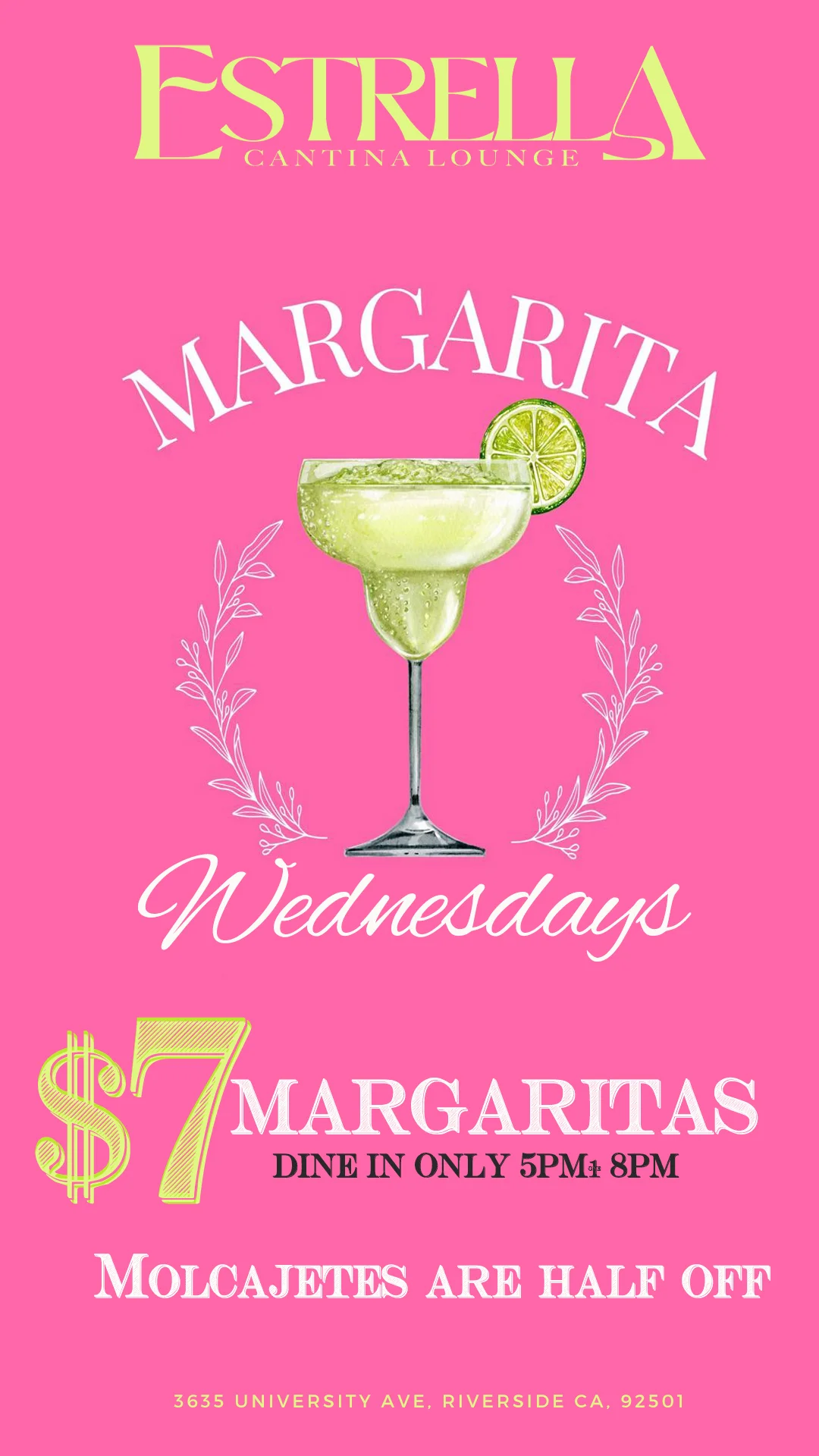 Colorful margarita cocktail for Wednesday special at Estrella Cantina Lounge
