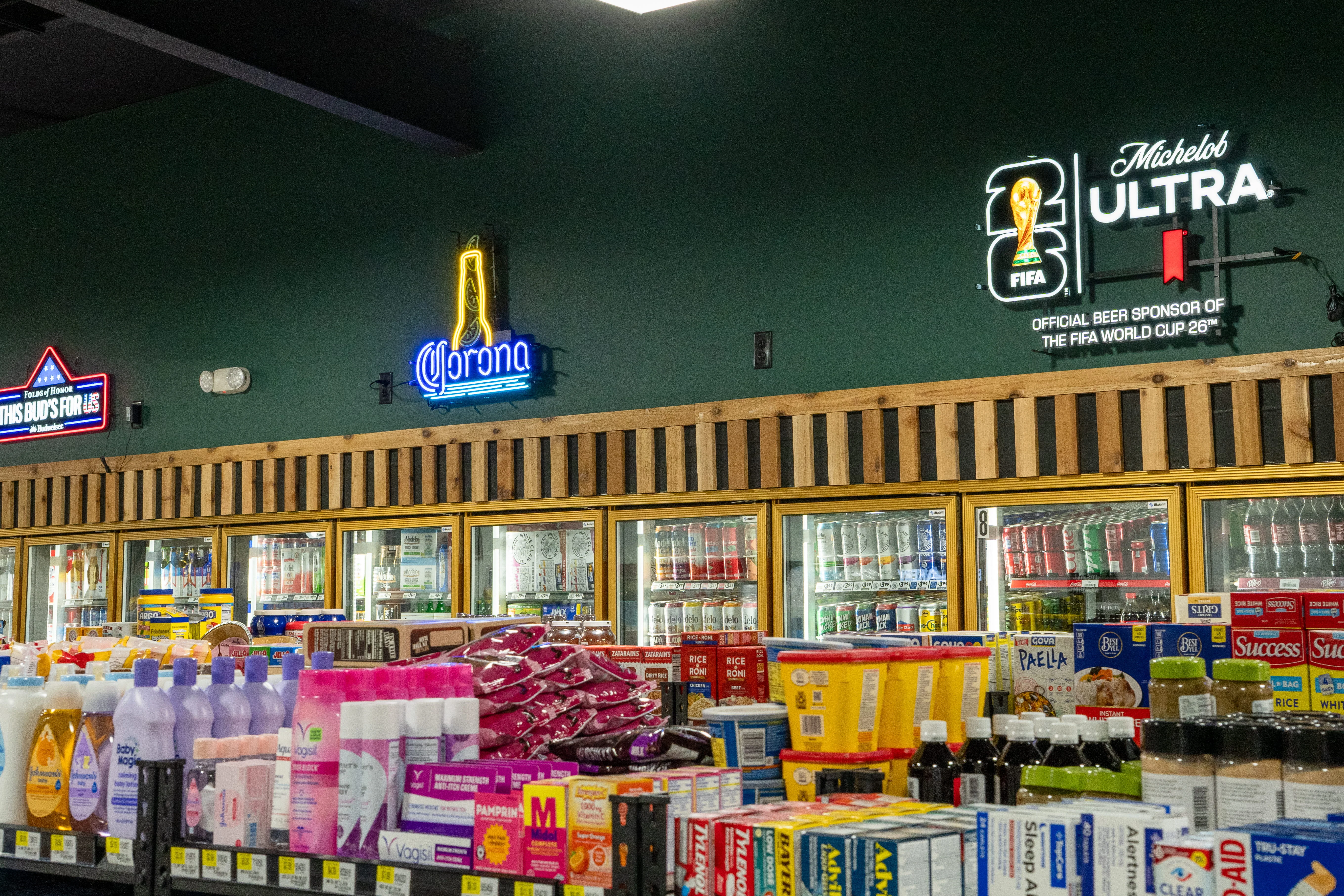 Grocery store interior with beer displays and products