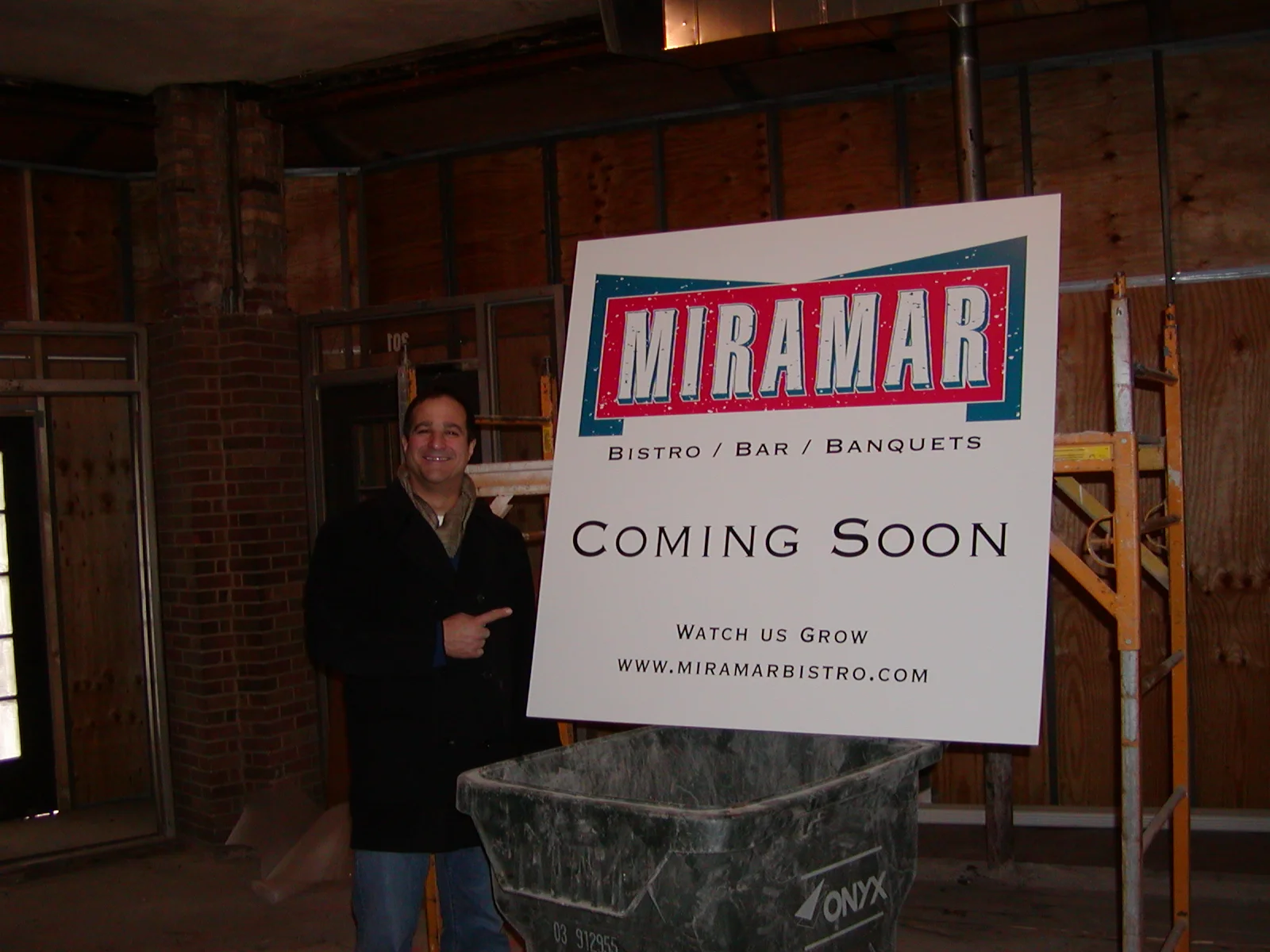 Sign for Miramar Bistro announcing its upcoming opening