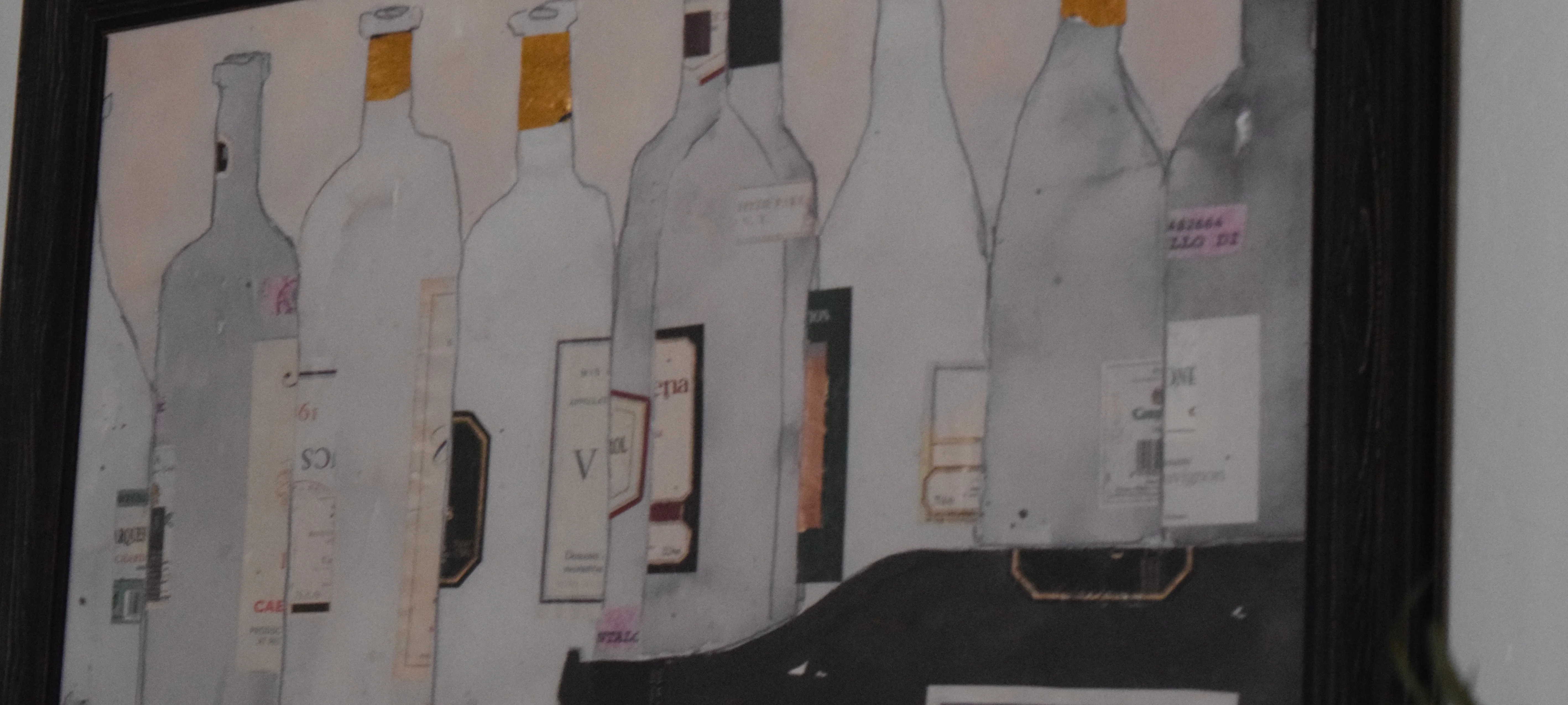 Artistic depiction of wine bottles in a framed illustration