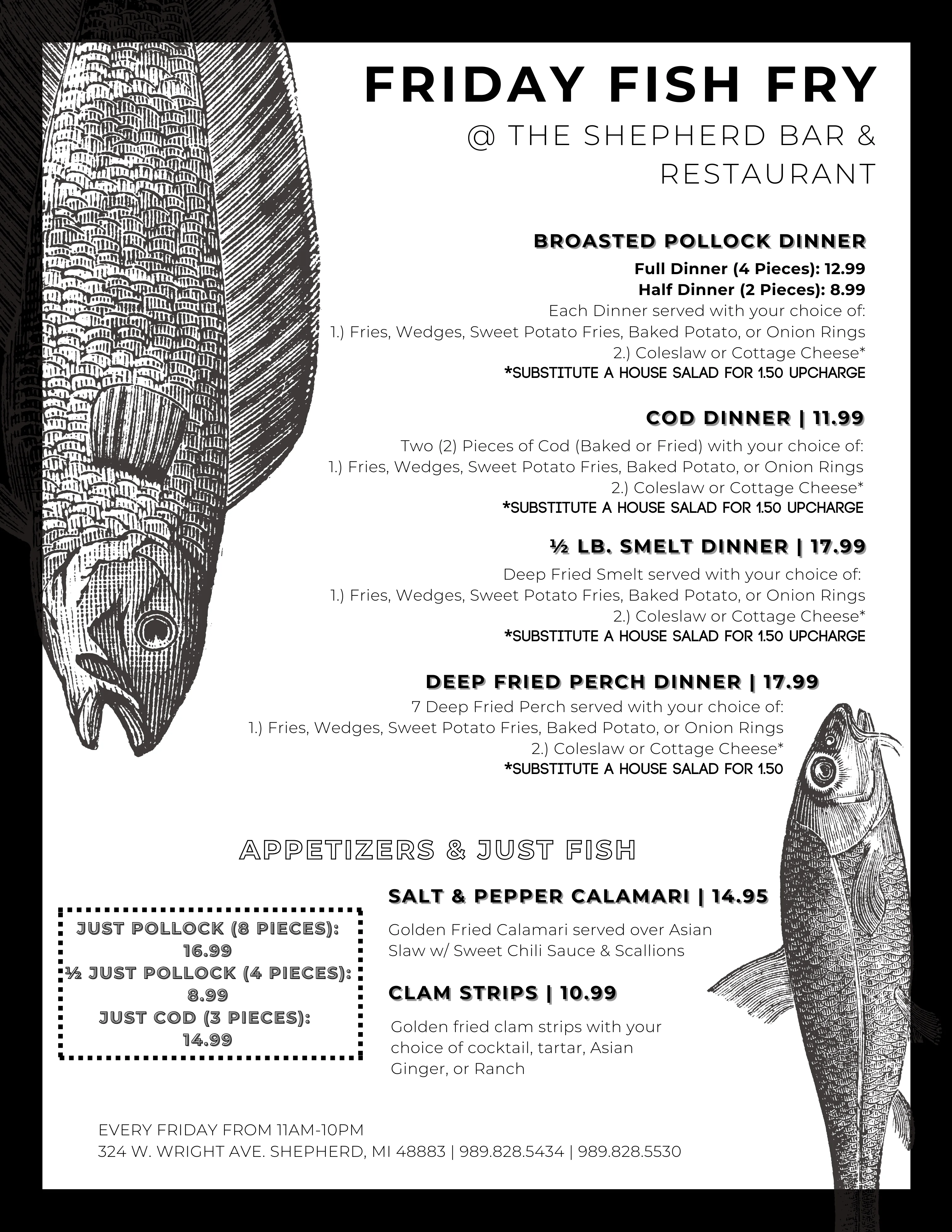 Friday fish fry featuring broasted pollock and deep fried perch