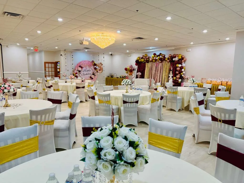 Elegant banquet hall set for a birthday celebration
